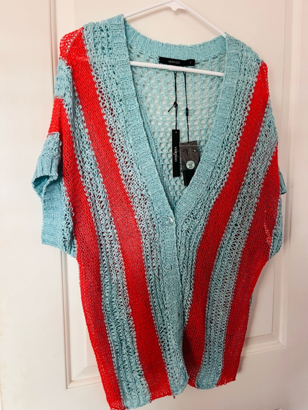 Vertigo Open-Knit Striped Cardigan Sweater - Aqua & Orange